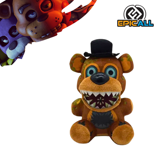 Un peluche de un oso animatrónico llamado Freddy Fazbear. Tiene un aspecto aterrador con ojos blancos y dientes afilados. El peluche está hecho de felpa suave y tiene un tamaño mediano.