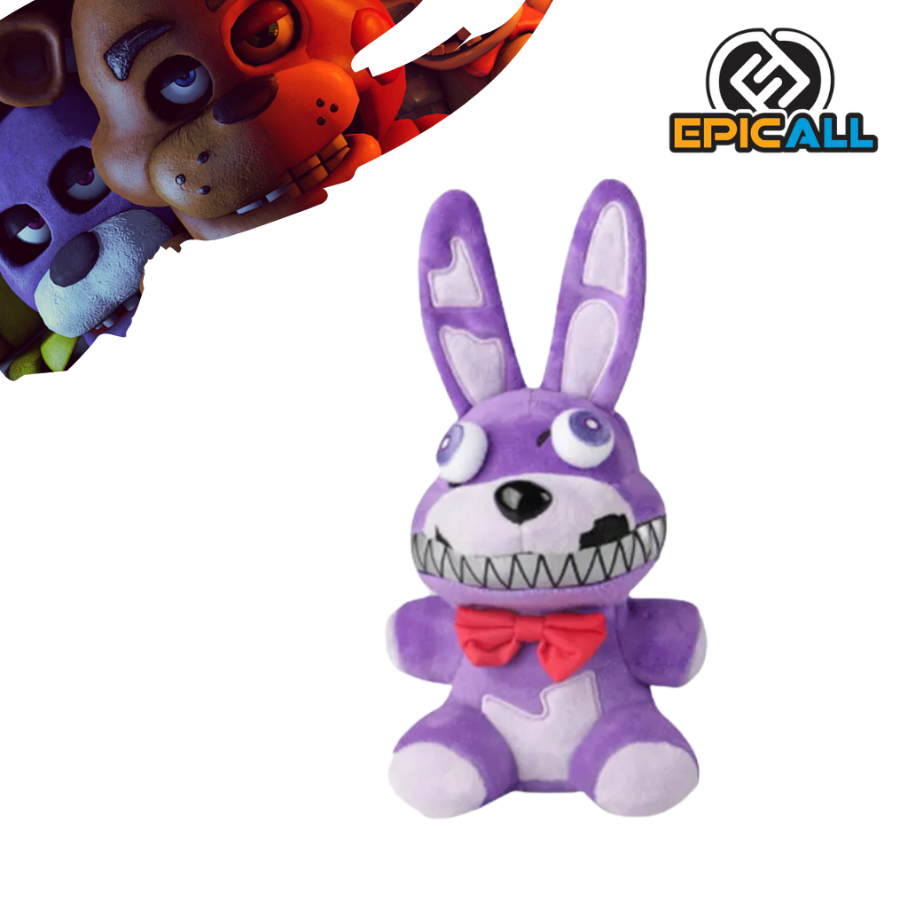 Un peluche de un conejo animatrónico llamado Nightmare Bonnie. Tiene un aspecto aterrador con grandes ojos blancos, dientes afilados y un color morado. El peluche está hecho de felpa suave y tiene un tamaño mediano.