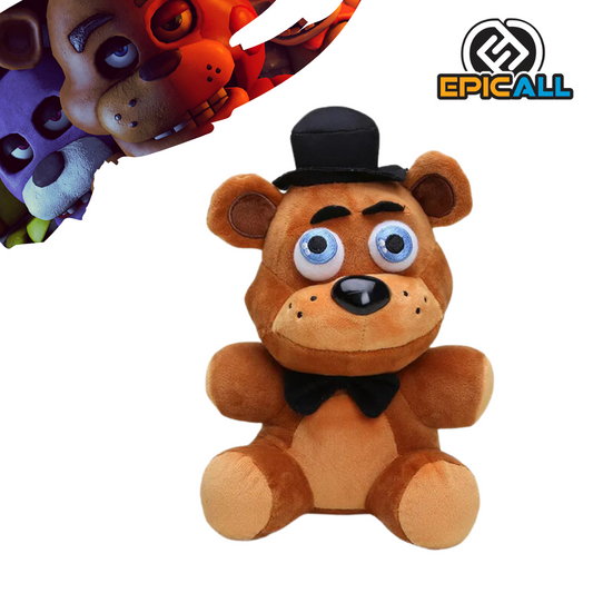 Un peluche de un oso animatrónico llamado Freddy Fazbear. Tiene un aspecto amigable con ojos grandes y una sonrisa. El peluche está hecho de felpa suave y tiene un tamaño mediano.