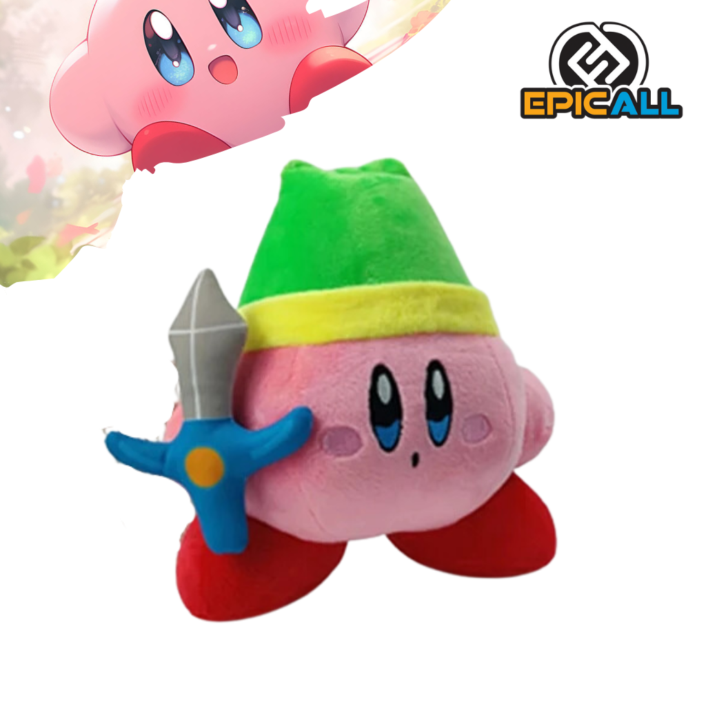 Un peluche de Kirby, un personaje de videojuegos, vestido como Link de The Legend of Zelda. Kirby es de color rosa y lleva un sombrero verde con una visera y una espada azul en la mano. Tiene una expresión amigable y está de pie en una postura heroica.