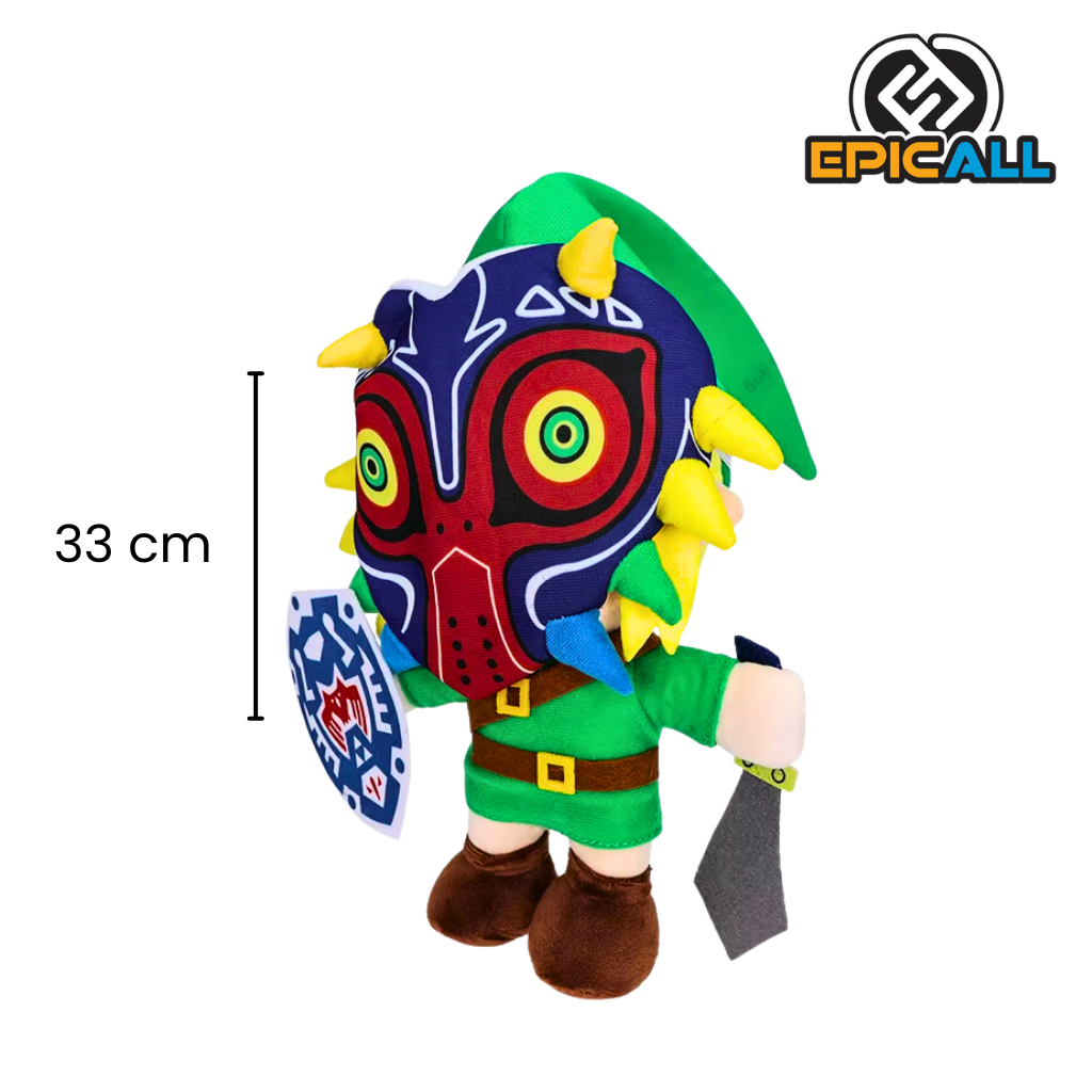 Peluche de 33 cm de Link, personaje de The Legend of Zelda, con la Máscara de Majora, escudo azul y espada en mano.