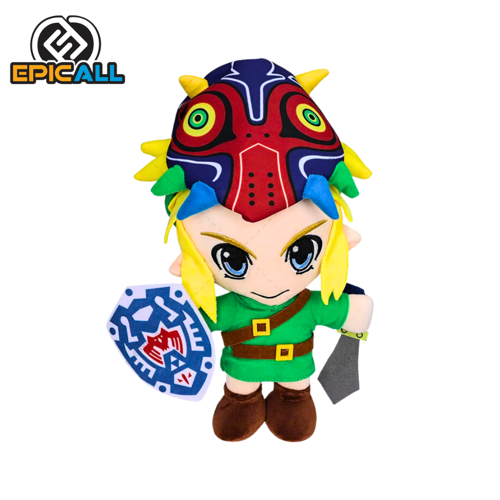 Peluche de 33 cm de Link, personaje de The Legend of Zelda, con la Máscara de Majora, escudo azul y espada en mano.