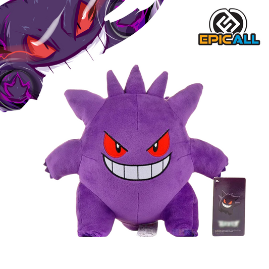 Un peluche de Gengar, un Pokémon de tipo fantasma. Es de color morado con detalles rojos en los ojos y la boca. Tiene una forma redonda y amigable, con grandes orejas y una sonrisa traviesa.