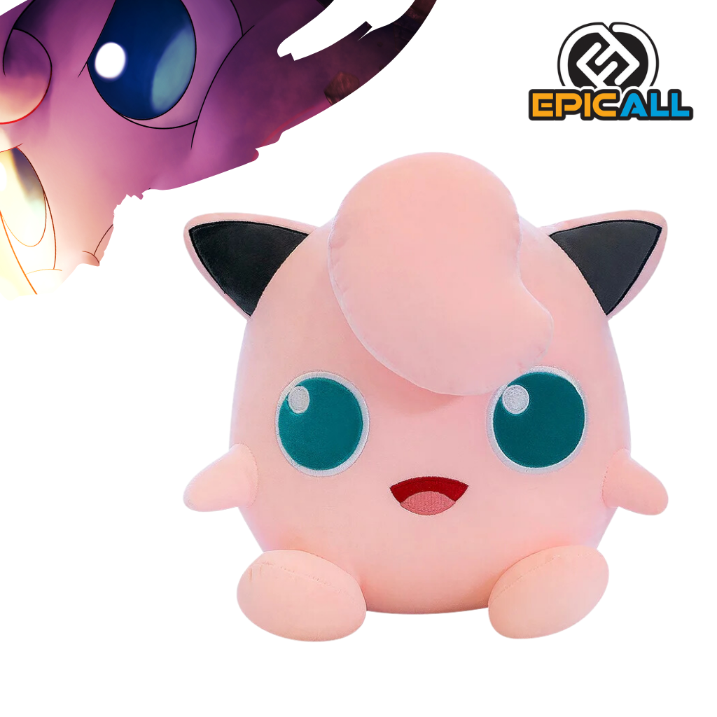 Un peluche de Jigglypuff, un Pokémon de tipo normal y hada. Es de color rosa con detalles blancos en los ojos y la boca. Tiene una forma redonda y amigable, con grandes ojos y una cola esponjosa.