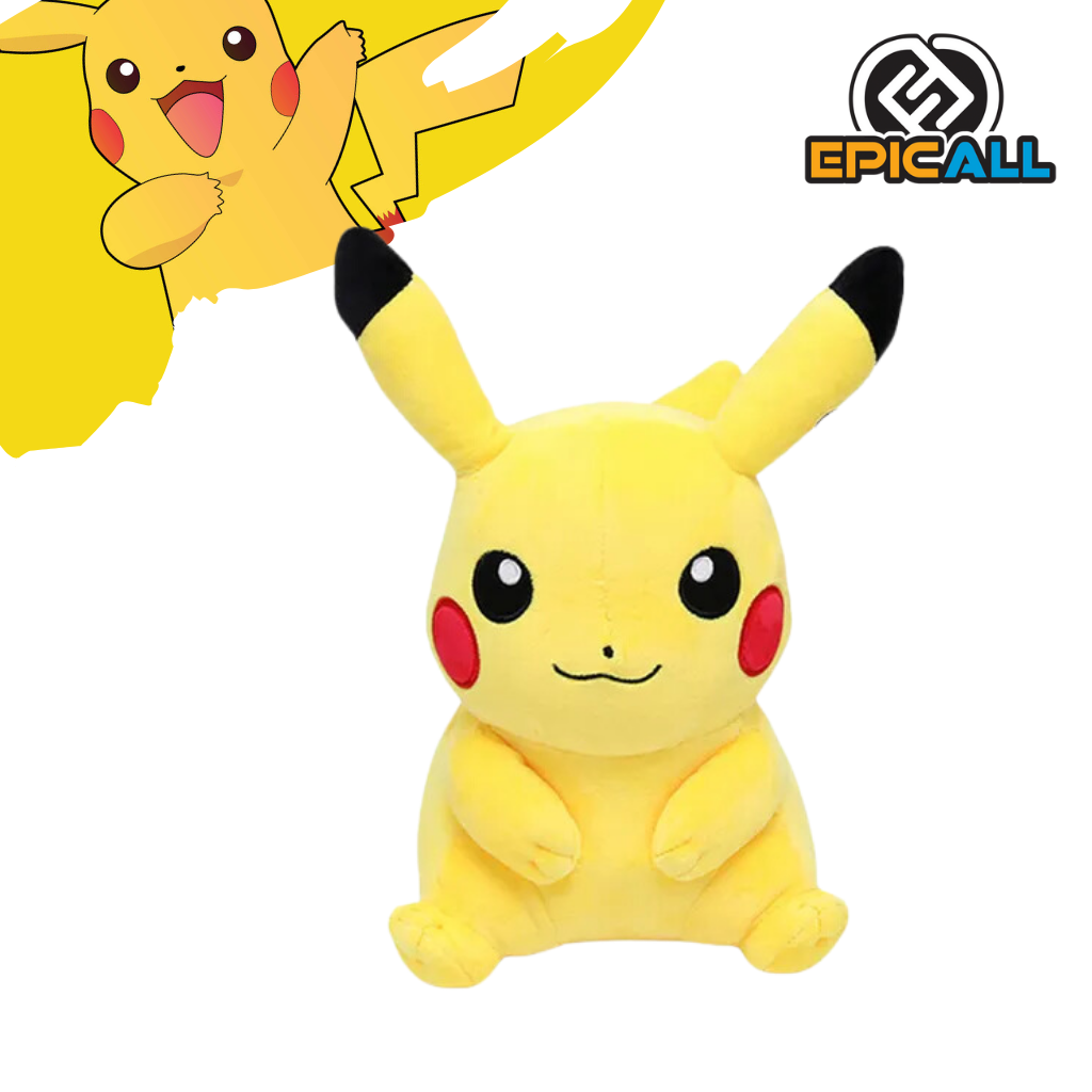 Un peluche de Pikachu, el personaje principal de la franquicia Pokémon. Es de color amarillo con orejas negras puntiagudas y mejillas rojas. Tiene una expresión sonriente y está sentado en una posición relajada.