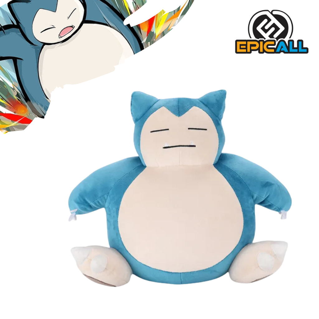 Un peluche de Snorlax, un Pokémon de tipo normal conocido por su gran tamaño y su amor por dormir. Es de color azul y blanco, con una forma redonda y rechoncha. Tiene los ojos cerrados y una expresión relajada.
