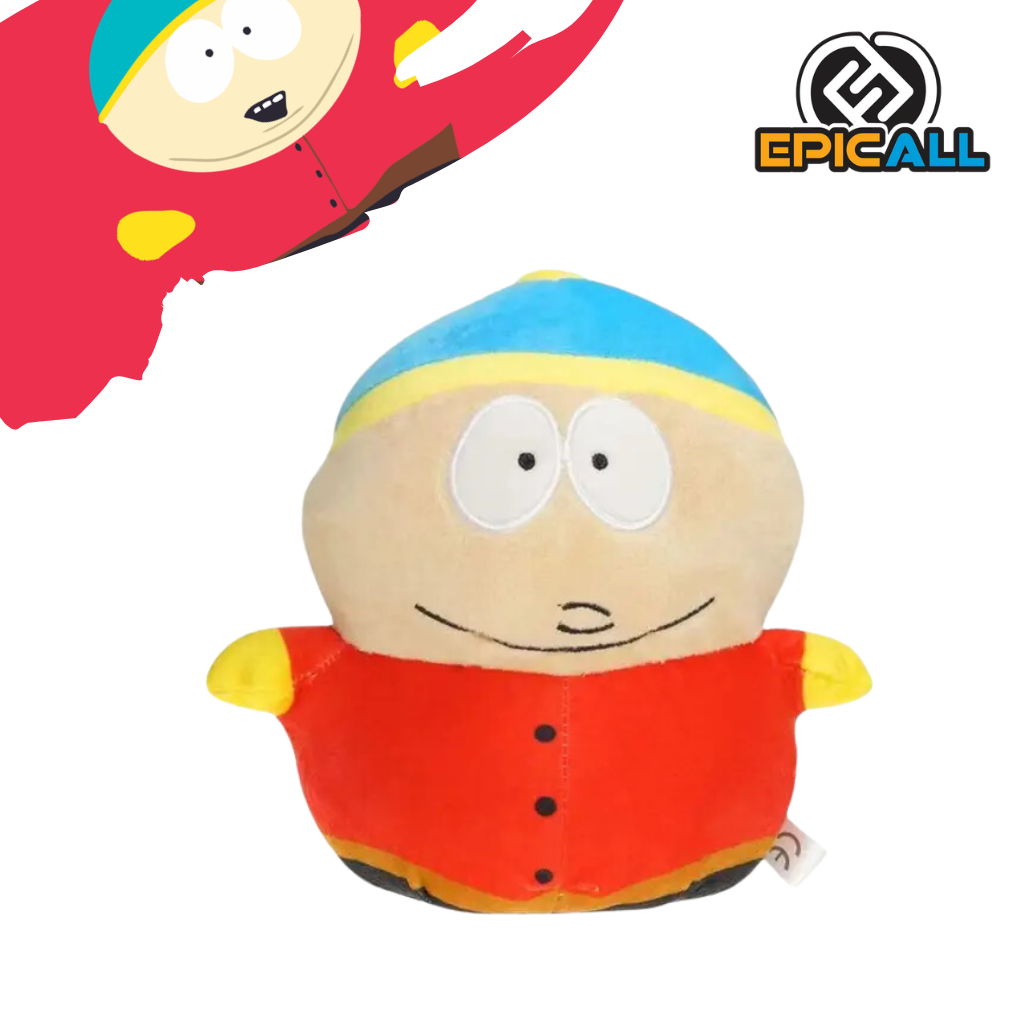 Un peluche de Eric Cartman, un personaje de la serie animada South Park. Es de color rojo con detalles azules y beige. Tiene una forma redonda y amigable, con cabello rubio y una gorra roja. Sus ojos son grandes y azules, y tiene una expresión traviesa.
