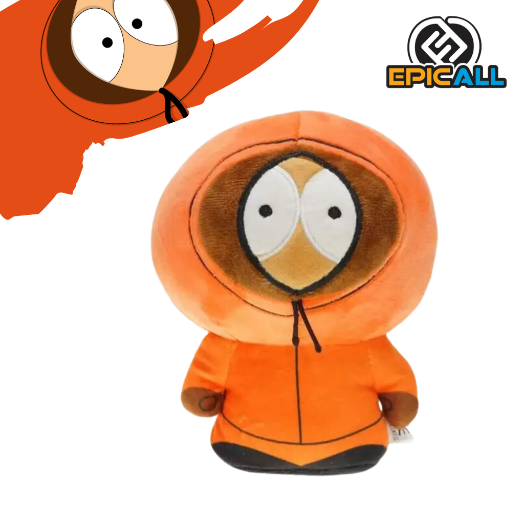 Peluche de un personaje de dibujos animados llamado Kenny. Tiene el cabello rojo, lleva una parka naranja y una gorra marrón. Está sonriendo y tiene los brazos extendidos.