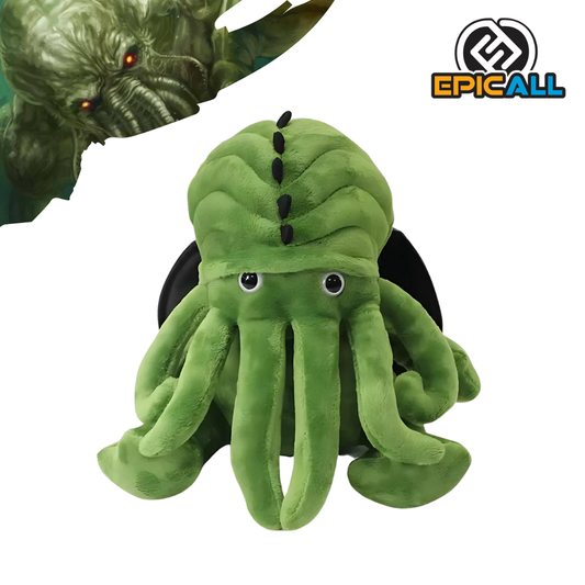 Peluche suave y verde de Cthulhu, con grandes ojos rojos, tentáculos y aletas. Presenta una expresión cómica y amigable.
