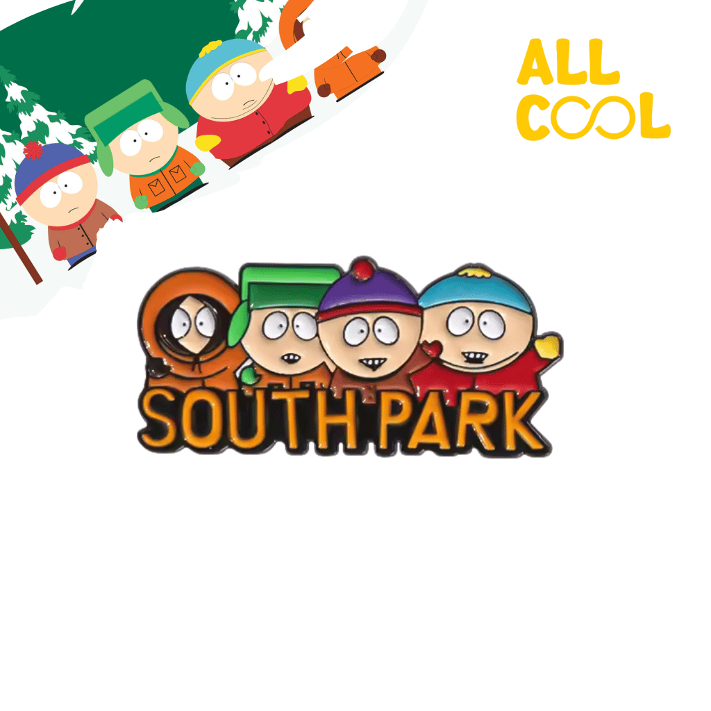 Pin metálico con el diseño de los personajes principales de la serie South Park. El pin es multicolor y tiene un acabado brillante.