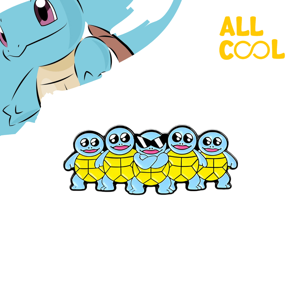 Un pin metálico con la imagen de cinco Squirtle, personajes de la franquicia Pokémon. Los Squirtle están representados en una pose divertida, uno de ellos usando gafas de sol. El pin tiene un diseño colorido y detallado.