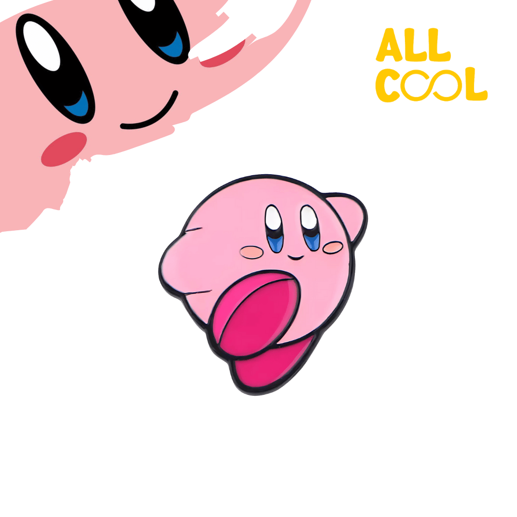 Un pin metálico con la imagen de Kirby saltando. Kirby es de color rosa y tiene una expresión alegre. El pin tiene un diseño colorido y detallado.
