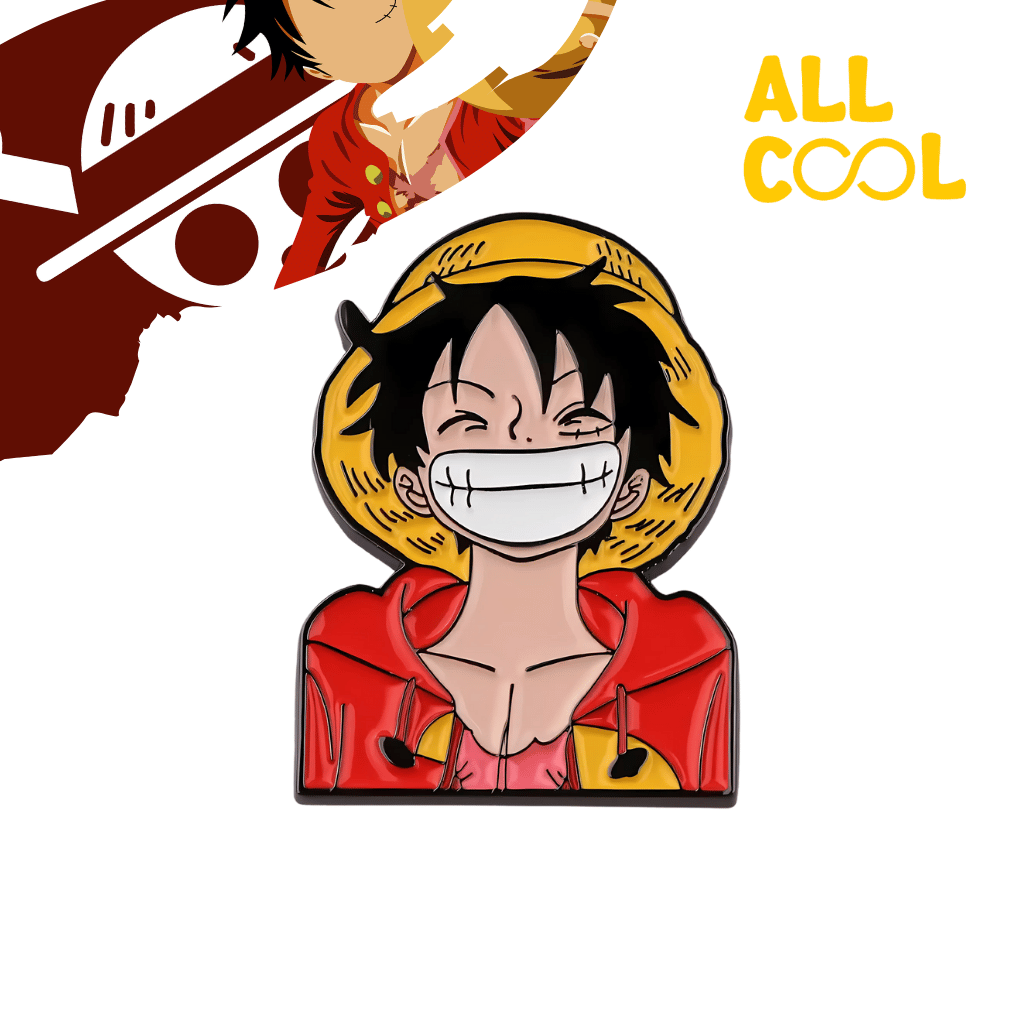 Pin metálico con el diseño de Luffy, personaje del anime One Piece, con su sonrisa característica. El pin es multicolor y tiene un acabado brillante.