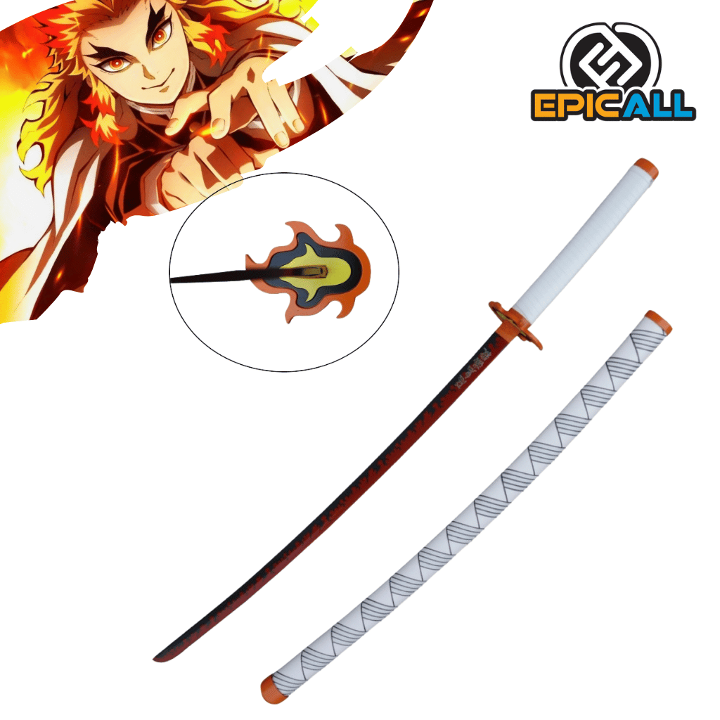 Una réplica de acero sin filo de la katana de Rengoku Kyoujurou de Demon Slayer. La espada tiene una hoja de color rojo y negro con un patrón de llamas, una empuñadura blanca con detalles naranjas y una guarda distintiva con forma de llama. También se muestra una vaina blanca con detalles grises y naranjas. En la esquina superior izquierda, se ve una ilustración de Rengoku.