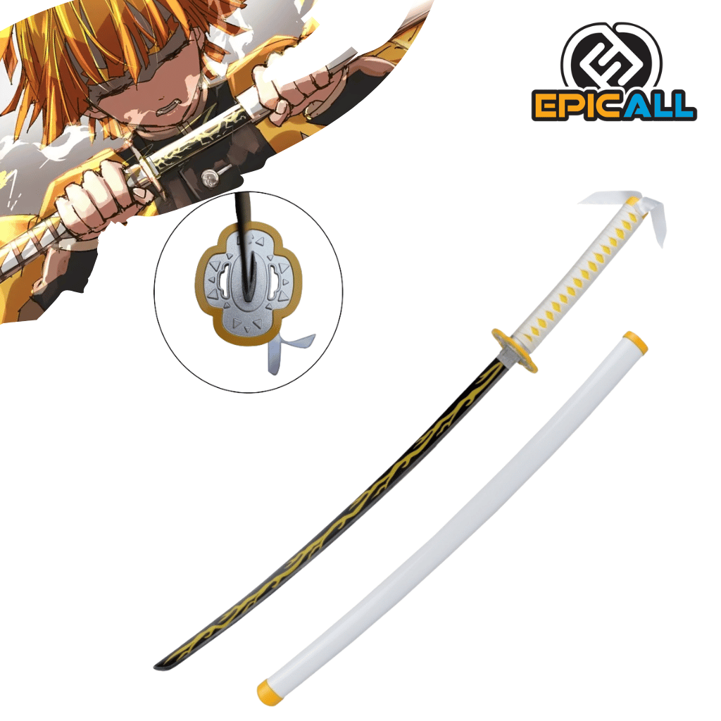 Una réplica de acero sin filo de la katana de Zenitsu Agatsuma de Demon Slayer. La espada tiene una hoja negra con un patrón de rayo amarillo, una empuñadura blanca con detalles amarillos y una guarda distintiva con un diseño circular y adornos dorados. También se muestra una vaina blanca con detalles amarillos. En la esquina superior izquierda, se ve una ilustración de Zenitsu empuñando su espada.
