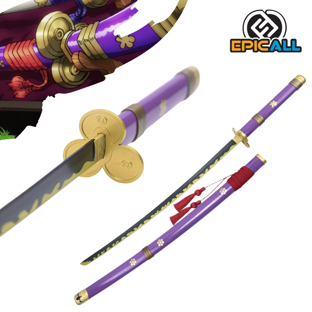 Una réplica de acero sin filo de la katana Enma de Roronoa Zoro de One Piece. La espada tiene una hoja oscura con un patrón ondulado verde a lo largo del filo, una empuñadura morada con detalles dorados y una guarda dorada con un diseño distintivo. También se muestra una vaina morada con adornos de flores blancas y borlas rojas. En la esquina superior izquierda, se ve una ilustración de la empuñadura de Enma.
