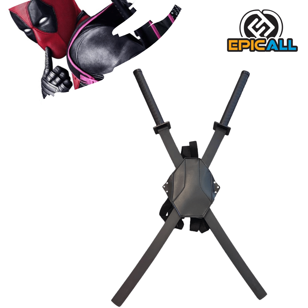 Se muestran dos katanas negras cruzadas de acero, sin filo, con empuñaduras envueltas y fundas negras unidas para llevarlas en la espalda. En la esquina superior izquierda, se ve una porción del traje de Deadpool con su máscara roja y negra.