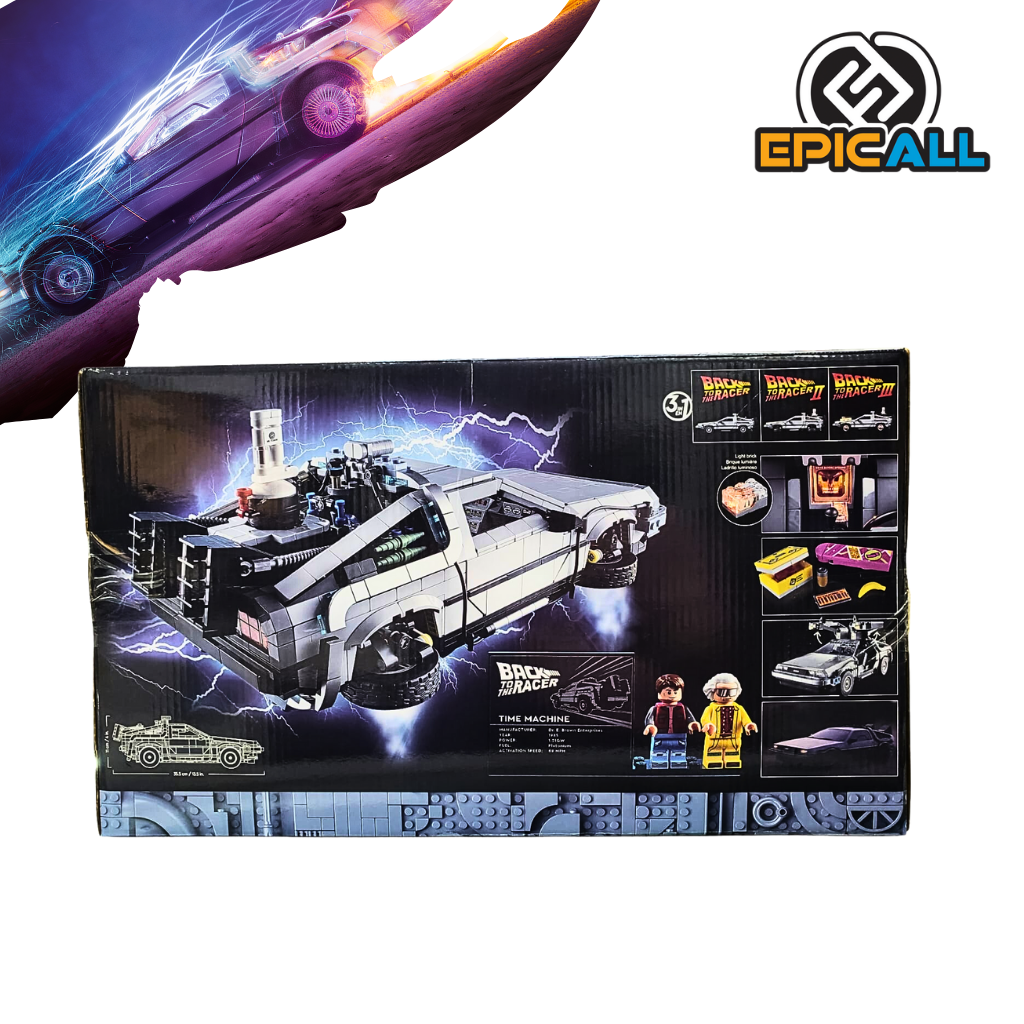 Foto referencial de la parte trasera de la caja del producto: Set Blocks del automovil Delorean de la pelicula volver al futuro.