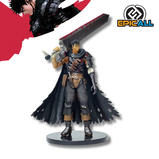 Una figura de acción de Guts, un personaje de anime de cabello negro y largo, con una armadura oscura y una gran espada. Tiene una expresión facial seria y una postura desafiante. La figura mide 30 centímetros de alto y está hecha de PVC.