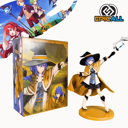 Figura coleccionable de Roxy Migurdia de Mushoku Tensei, vistiendo su túnica de maga amarilla y sombrero puntiagudo mientras alza su báculo sobre una base circular, mostrando una altura aproximada de 25 cm junto al logotipo de Epicall.