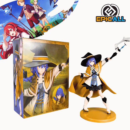 Figura coleccionable de Roxy Migurdia de Mushoku Tensei, vistiendo su túnica de maga amarilla y sombrero puntiagudo mientras alza su báculo sobre una base circular, mostrando una altura aproximada de 25 cm junto al logotipo de Epicall.