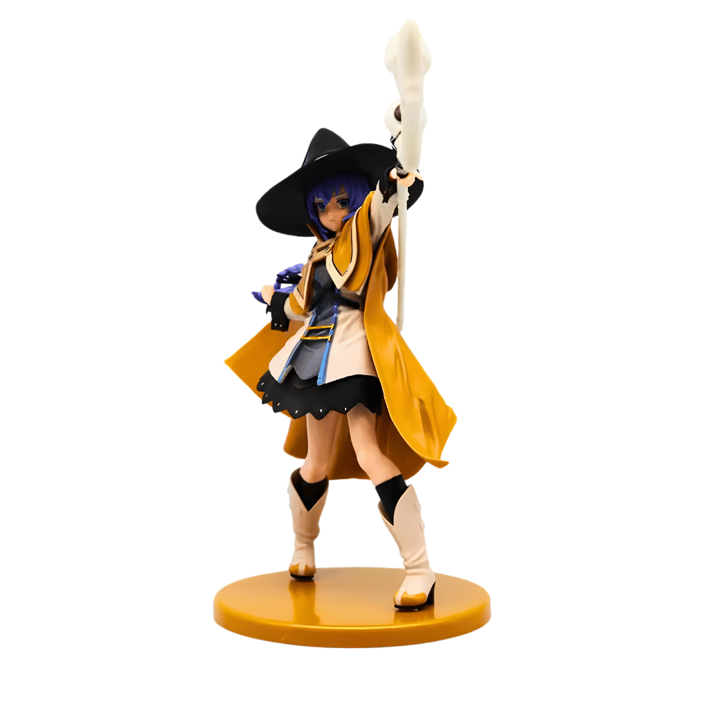 Figura coleccionable de Roxy Migurdia de Mushoku Tensei, vistiendo su túnica de maga amarilla y sombrero puntiagudo mientras alza su báculo sobre una base circular, mostrando una altura aproximada de 25 cm junto al logotipo de Epicall.