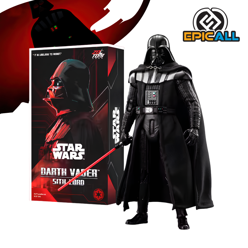 Figura articulada de Darth Vader con su sable de luz rojo encendido, junto a su caja de exhibición oficial de Star Wars con detalles en rojo y negro.