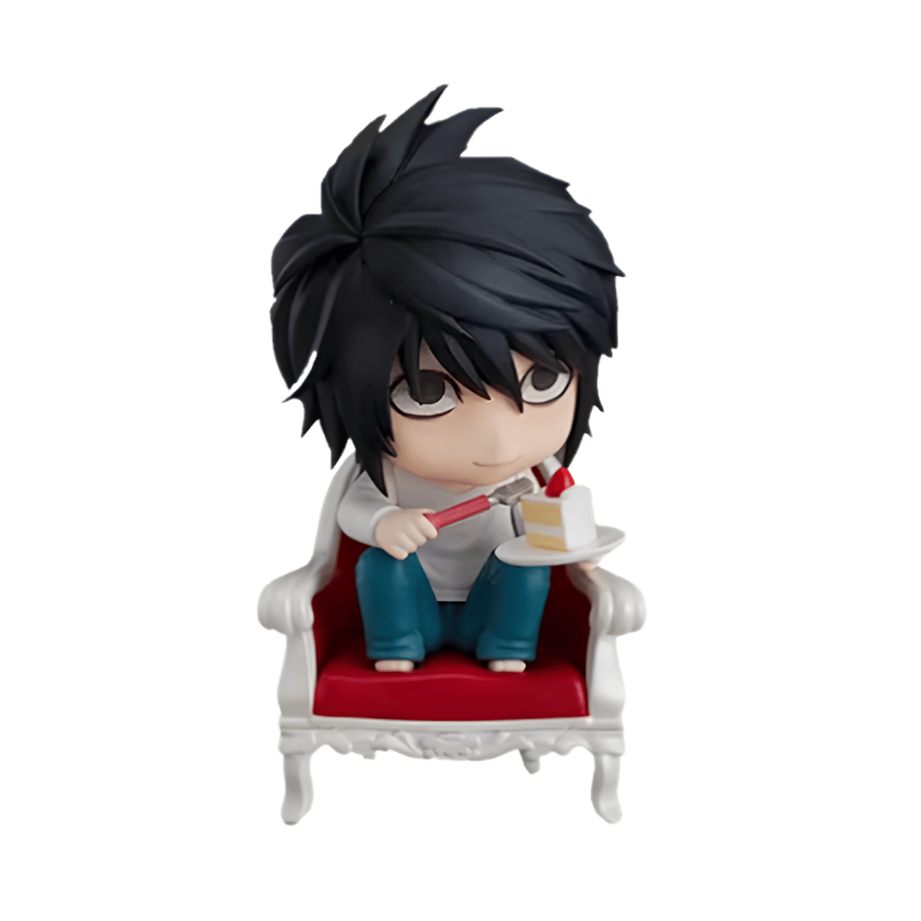 Figura coleccionable estilo Nendoroid de L Lawliet de Death Note, sentado en su sillón clásico blanco y rojo sosteniendo un trozo de pastel, con una altura aproximada de 10 cm junto al logotipo de Epicall.