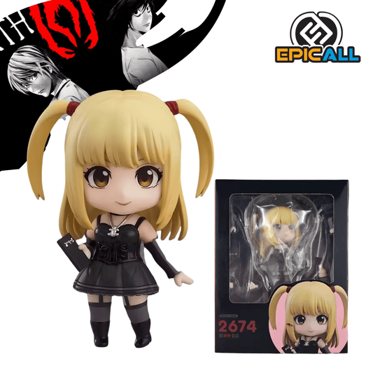 Figura coleccionable tipo Nendoroid de 10 cm de altura de Misa Amane de Death Note, con diseño chibi, cabello rubio en dos coletas, vestido gótico negro con corsé y sosteniendo una Death Note en miniatura.