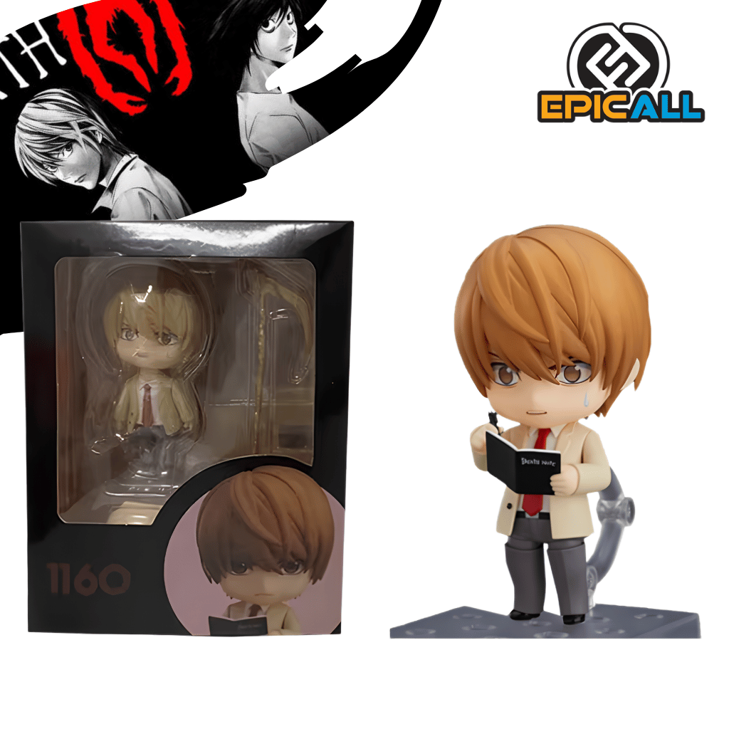Figura coleccionable estilo Nendoroid de Light Yagami #1160 de Death Note, vistiendo uniforme escolar y escribiendo en su libreta Death Note con expresión tensa, sobre una base de soporte y con una altura aproximada de 10 cm junto al logotipo de Epicall.