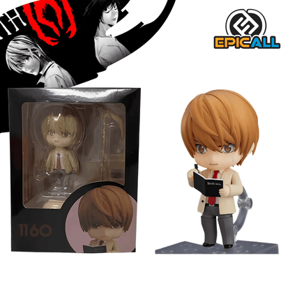 Figura coleccionable estilo Nendoroid de Light Yagami #1160 de Death Note, vistiendo uniforme escolar y escribiendo en su libreta Death Note con expresión tensa, sobre una base de soporte y con una altura aproximada de 10 cm junto al logotipo de Epicall.
