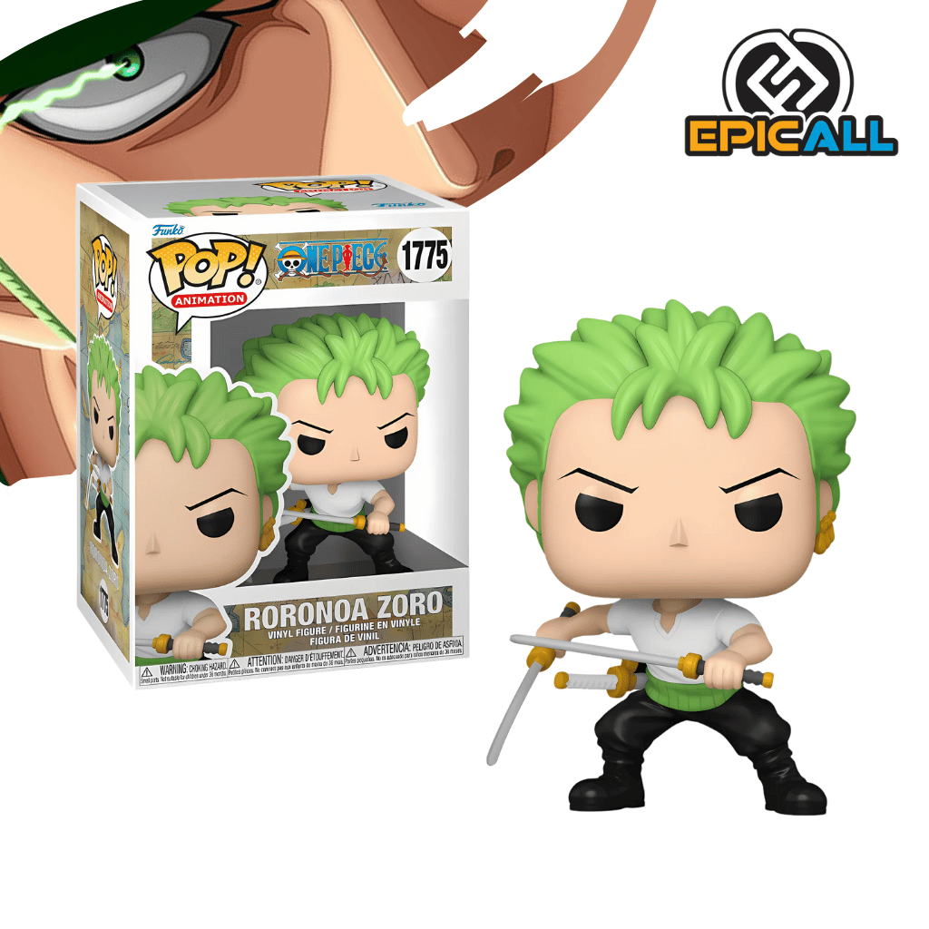 Un Funko POP de Roronoa Zoro del anime One Piece. Zoro tiene el pelo verde y tres espadas. Lleva una camiseta blanca y pantalones negros. La figura tiene un diseño característico de Funko POP, con cabeza grande y ojos redondos. 