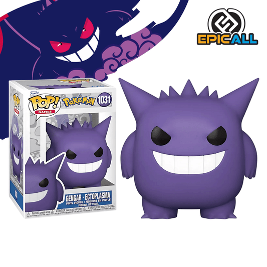 Un Funko POP de Gengar del videojuego Pokémon. Gengar es de color morado oscuro con ojos rojos y una gran sonrisa con dientes puntiagudos. Tiene púas en la cabeza y orejas puntiagudas. La figura tiene un diseño característico de Funko POP, con cabeza grande y ojos redondos.