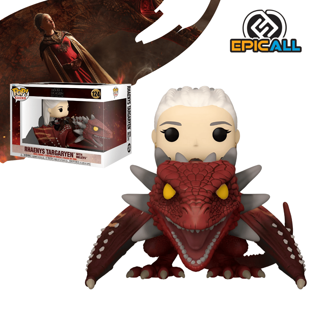 Funko POP! Rides Rhaenys Targaryen con Meleys #124. Un Funko POP! Rides que representa a Rhaenys Targaryen montada en su dragona, Meleys. 