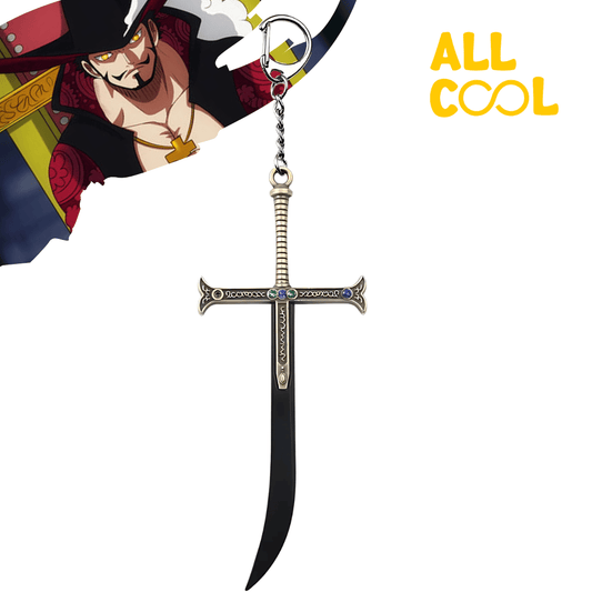 Llavero metálico con forma de espada, inspirado en la espada Yoru de Dracule Mihawk, personaje del anime One Piece. La espada tiene un diseño detallado con colores dorados, negros y azules.