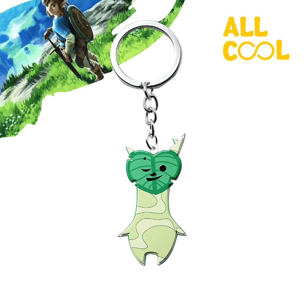 Un llavero metálico con la forma de un Kolog, un personaje del videojuego The Legend of Zelda: Breath of the Wild. El Kolog tiene una hoja en la cabeza, un cuerpo pequeño y una expresión amigable. El llavero mide 10 cm de largo aproximadamente.