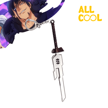 Llavero metálico con forma de espada, inspirada en la espada de Toji Fushiguro, personaje del anime Jujutsu Kaisen. La espada tiene un diseño detallado con colores negros y plateados.