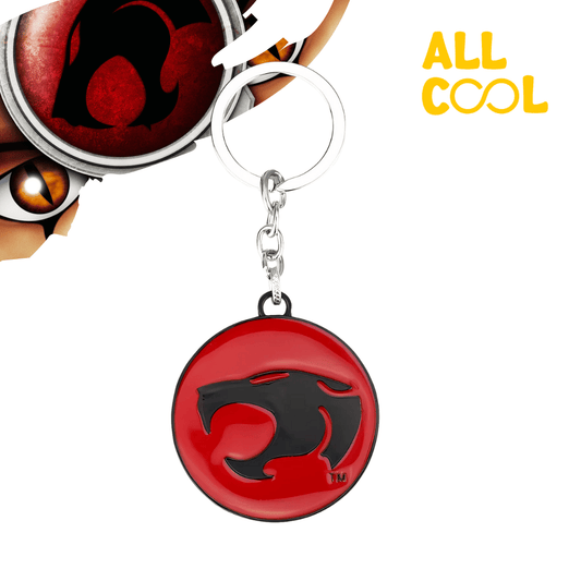 Llavero metálico redondo con el logo de los ThunderCats. El logo es de color negro sobre un fondo rojo brillante.