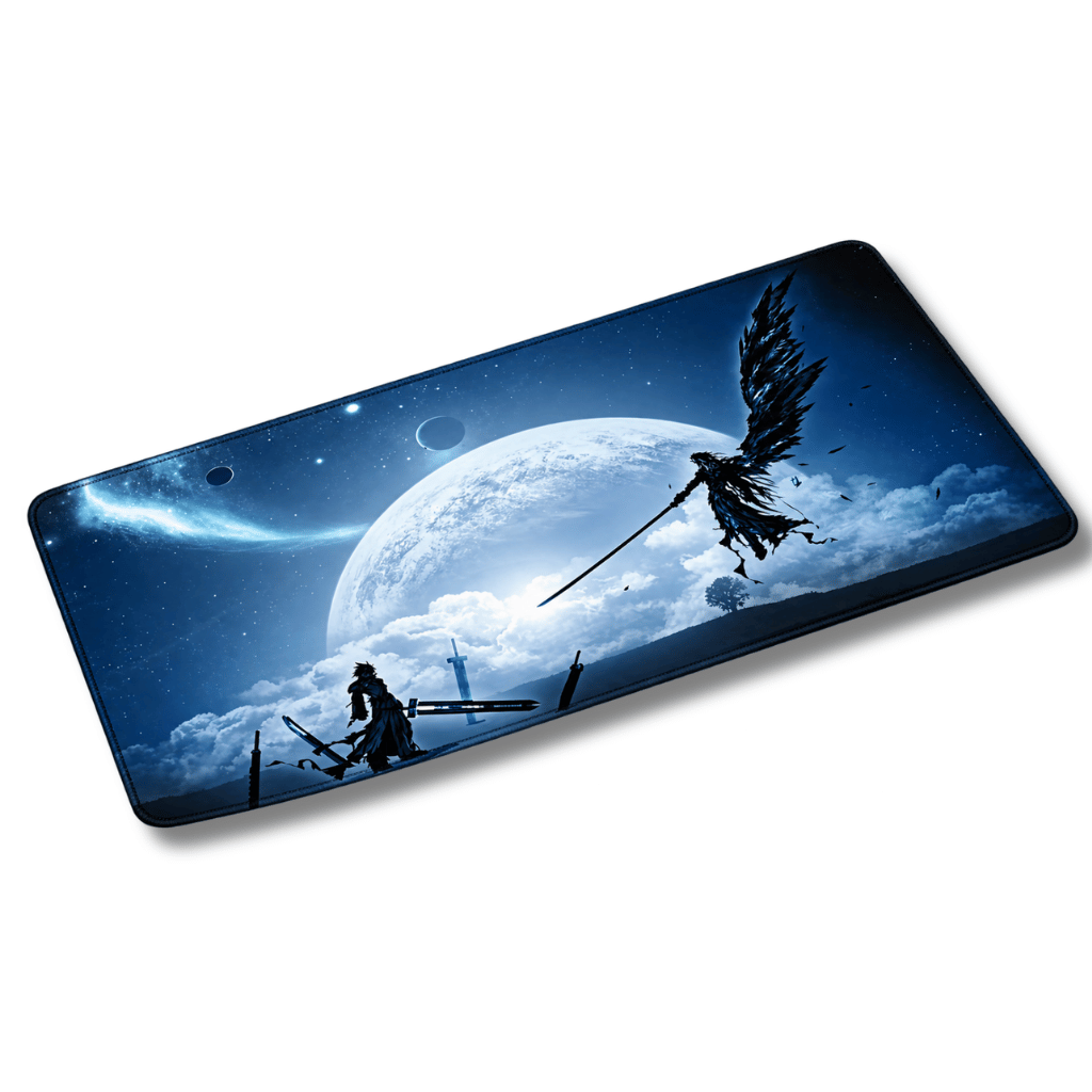 Mouse pad gamer rectangular de 30x60 cm con diseño épico nocturno de Cloud Strife y Sephiroth enfrentándose bajo una gran luna llena y un cielo estrellado, con espadas clavadas en el suelo y dimensiones aproximadas junto al logotipo de Epicall.