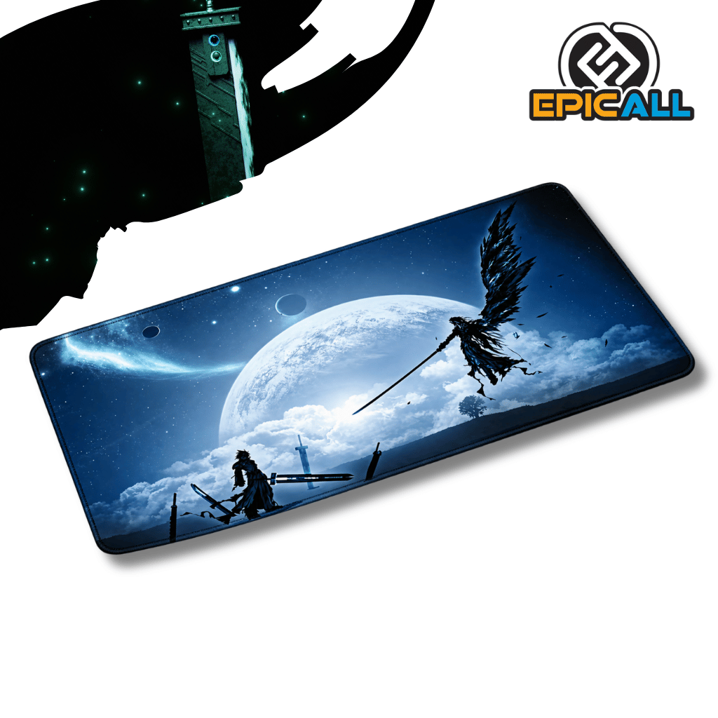 Mouse pad gamer rectangular de 30x60 cm con diseño épico nocturno de Cloud Strife y Sephiroth enfrentándose bajo una gran luna llena y un cielo estrellado, con espadas clavadas en el suelo y dimensiones aproximadas junto al logotipo de Epicall.