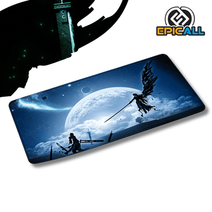 Mouse pad gamer rectangular de 30x60 cm con diseño épico nocturno de Cloud Strife y Sephiroth enfrentándose bajo una gran luna llena y un cielo estrellado, con espadas clavadas en el suelo y dimensiones aproximadas junto al logotipo de Epicall.
