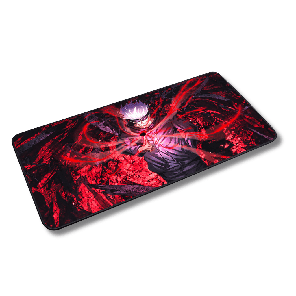 Mouse pad gamer rectangular de 30x60 cm con diseño de Satoru Gojo de Jujutsu Kaisen en tonos rojos y negros oscuros, acumulando energía maldita con efecto de reverso rojo y vendado de los ojos.
