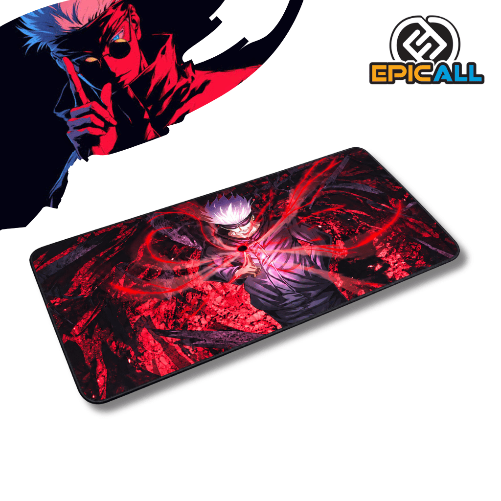 Mouse pad gamer rectangular de 30x60 cm con diseño de Satoru Gojo de Jujutsu Kaisen en tonos rojos y negros oscuros, acumulando energía maldita con efecto de reverso rojo y vendado de los ojos.