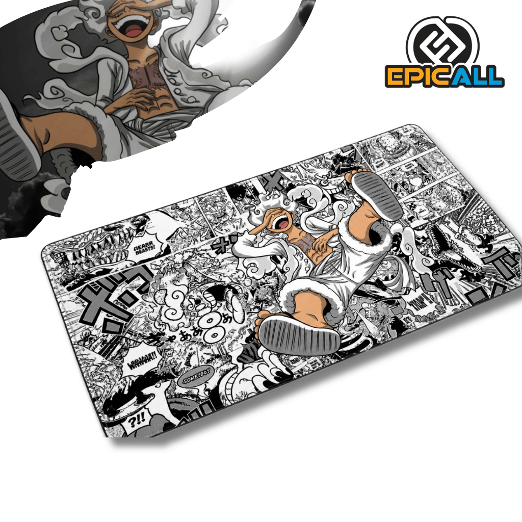 Mouse pad gamer rectangular de 30x60 cm con diseño monocromático de Monkey D. Luffy en su transformación Gear Five riendo alegremente, sobre un fondo de paneles de manga de One Piece y dimensiones aproximadas junto al logotipo de Epicall.