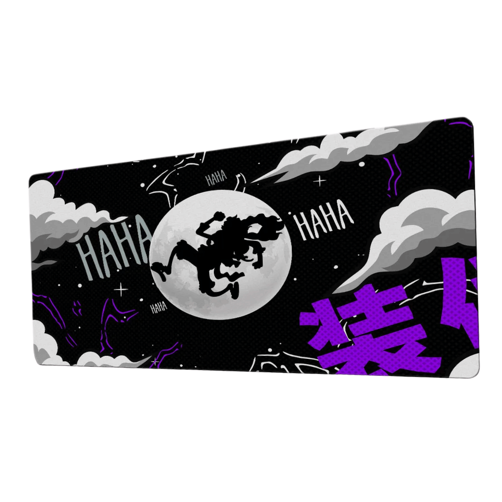 Mouse pad gamer rectangular de 30x60 cm con diseño nocturno de la silueta de Monkey D. Luffy en Gear Five saltando frente a la luna llena, con texto "HAHA", nubes y kanjis púrpuras, junto al logotipo de Epicall.