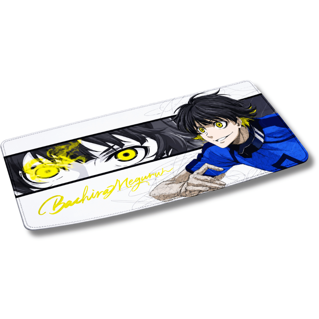 Mouse pad gamer rectangular de 30x60 cm con diseño de Meguru Bachira de Blue Lock, mostrando un panel con un primer plano de su rostro con ojos amarillos brillantes, su nombre en tipografía amarilla y dimensiones aproximadas junto al logotipo de Epicall.