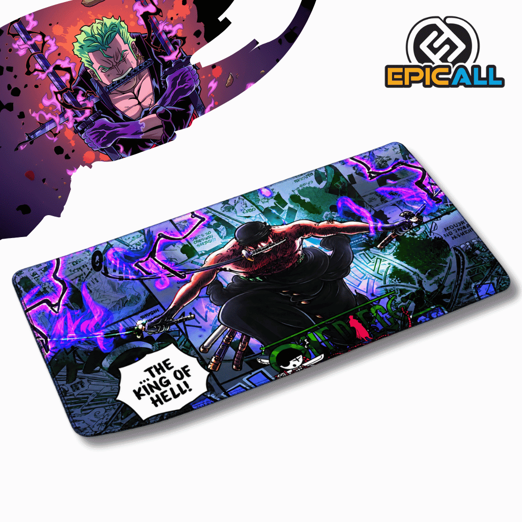 Mouse pad gamer rectangular de 30x60 cm con diseño de Roronoa Zoro de One Piece en modo The King of Hell con envolventes llamas púrpuras, fondo de paneles de manga, viñeta de texto y dimensiones aproximadas junto al logotipo de Epicall.
