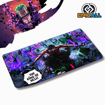 Mouse pad gamer rectangular de 30x60 cm con diseño de Roronoa Zoro de One Piece en modo The King of Hell con envolventes llamas púrpuras, fondo de paneles de manga, viñeta de texto y dimensiones aproximadas junto al logotipo de Epicall.
