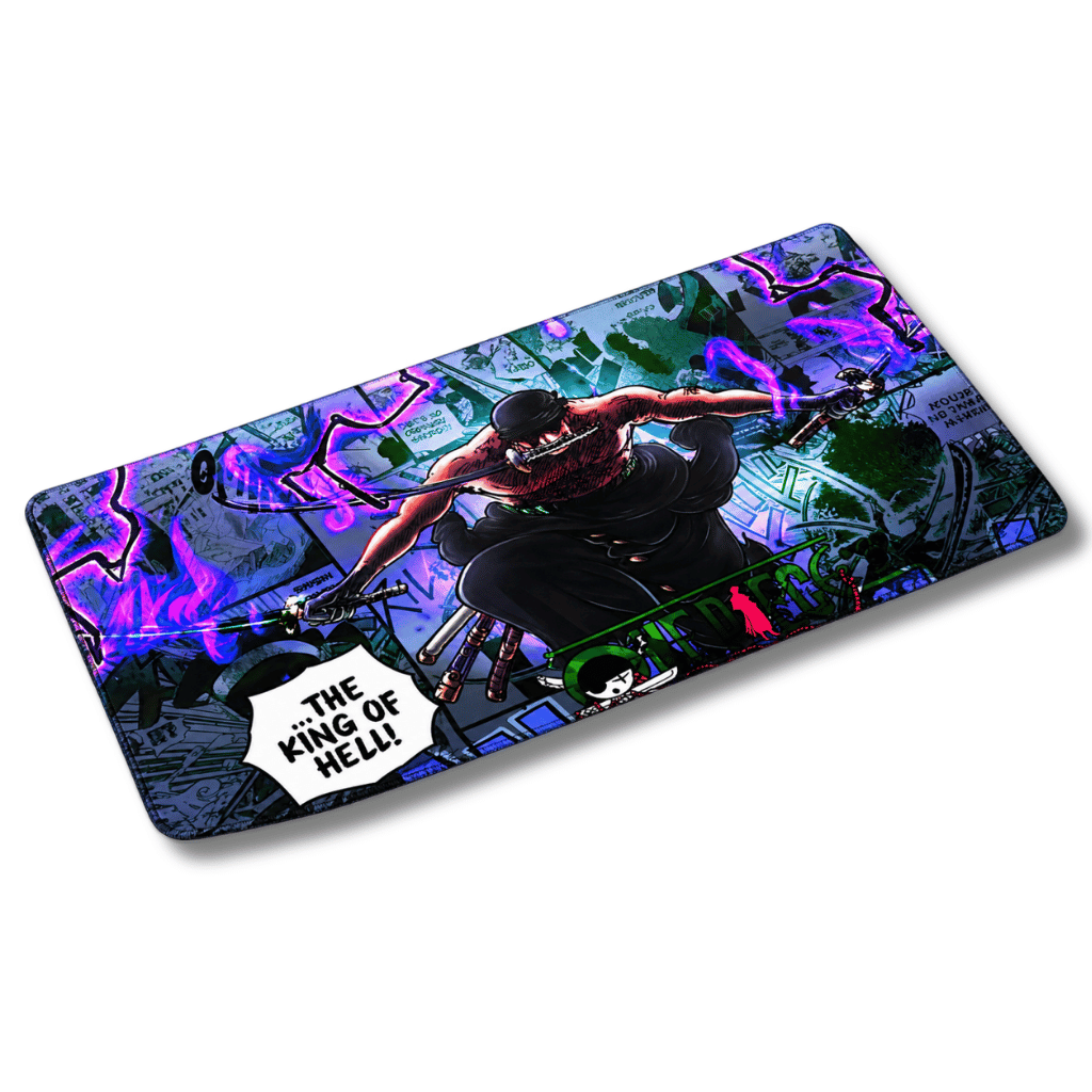 Mouse pad gamer rectangular de 30x60 cm con diseño de Roronoa Zoro de One Piece en modo The King of Hell con envolventes llamas púrpuras, fondo de paneles de manga, viñeta de texto y dimensiones aproximadas junto al logotipo de Epicall.