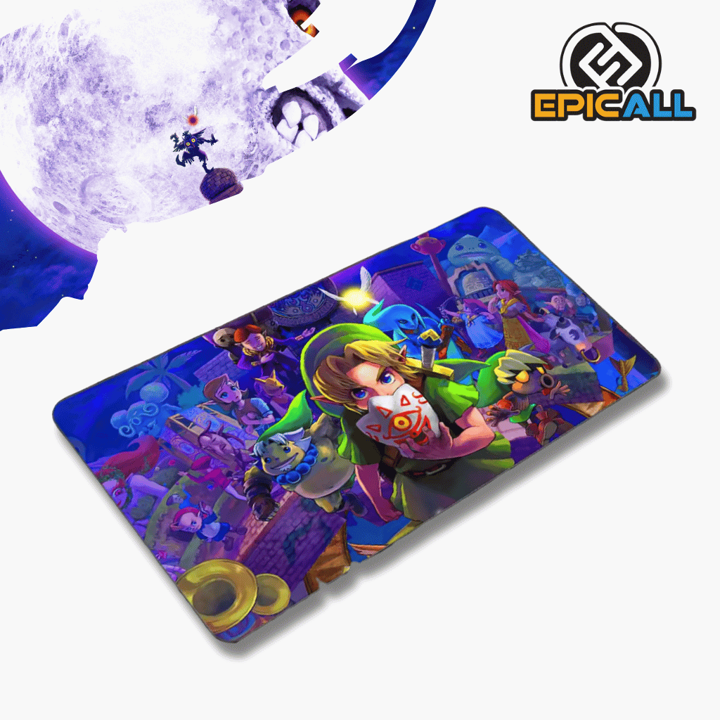 Mouse pad gamer rectangular de 30x60 cm con diseño de The Legend of Zelda: Majora's Mask en tonos azules y morados, mostrando a Link sosteniendo una máscara con el símbolo de la Trifuerza rodeado por varios personajes del juego.